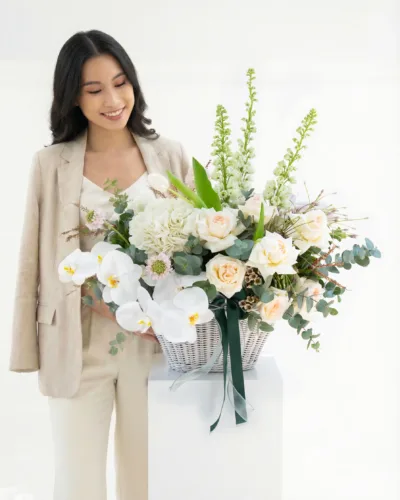 Morning Angel - White Orchids & Roses Flower Basket