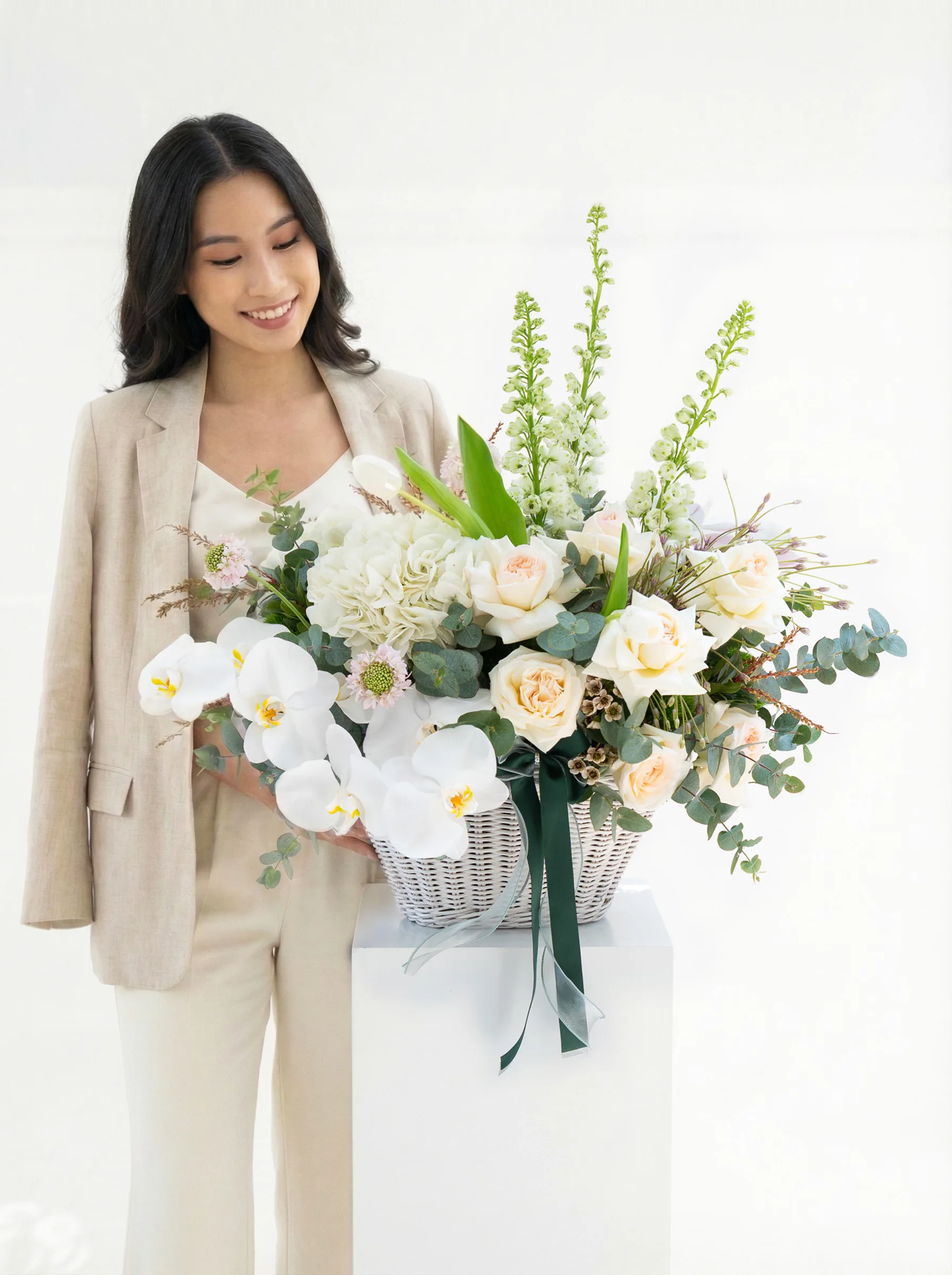 Morning Angel - White Orchids & Roses Flower Basket